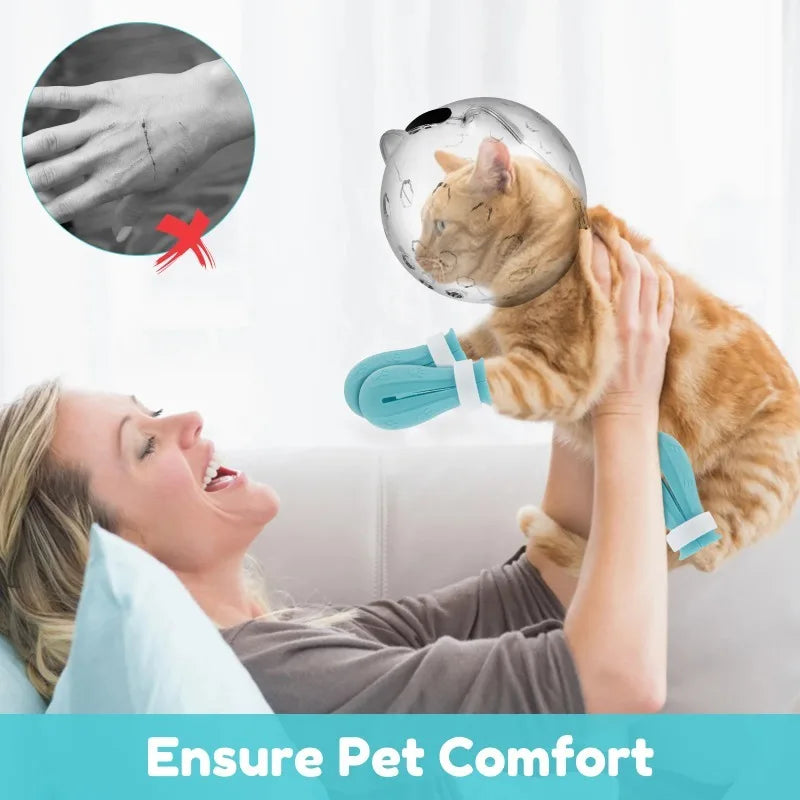 1Set Cat Muzzle Pet Grooming Cover Accessory Cat anti Bite anti Licking Space Hood Breathable Helmet with 4 Silicone Paw Shoes