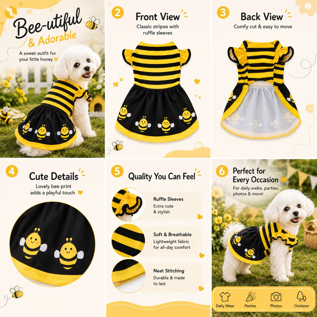 Dog Dress Cute Bee, Pet Bee Costumes, Yellow Cartoon Bumble Bee Stripes Dog Kitten Cat Puppy Pet Apparel for Party Halloween